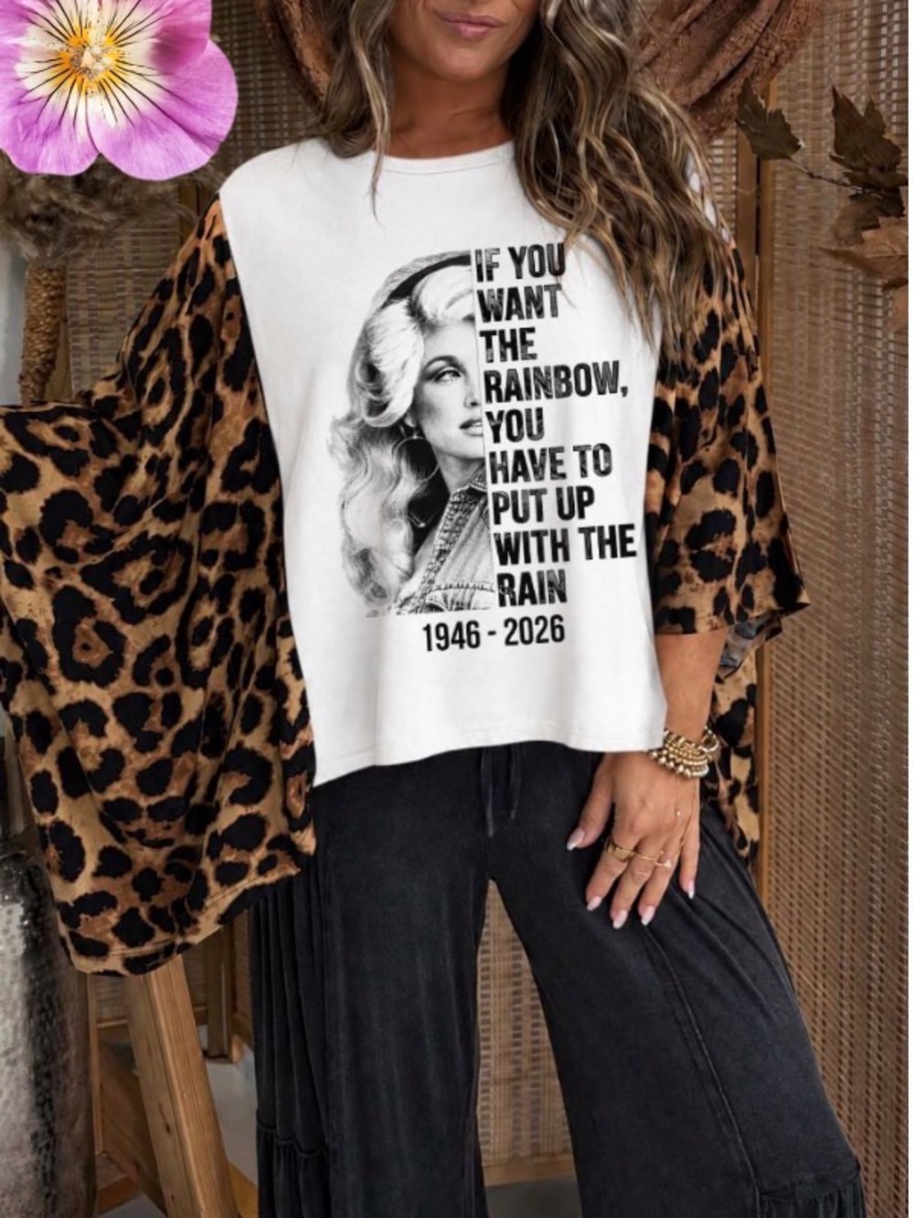 Leopard Wide Sleeve Graphic Dolly Parton Pullover Top